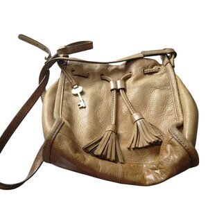 FOSSIL Claire Tech Tan Distressed Leather Drawstring With Tassels Crossbody Bag